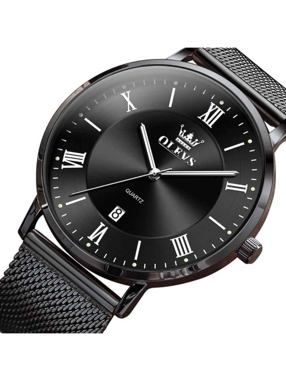 Men's All Black Analog Quartz Mesh Strap Luxury Luminous Waterproof Round Watch - Picture 6 of 6